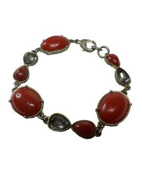 Tennis Bracelet Enamel Cherry Red Rhinestone Faceted Costume Jewelry 7" Dainty